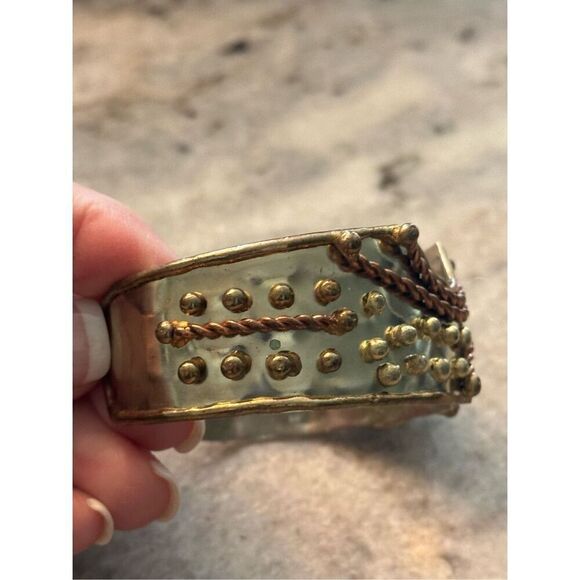 Artisan mixed metal cuff bracelet with crystal - Picture 2 of 9